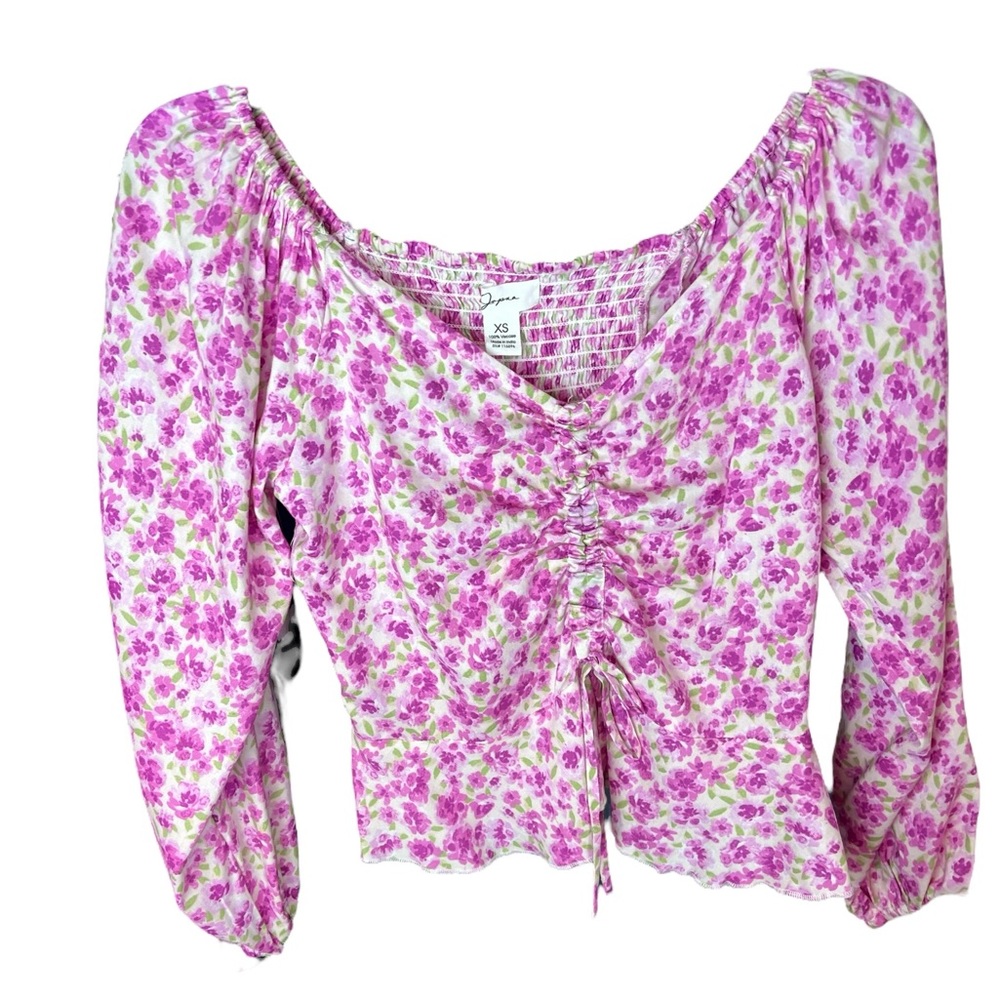 JOPNA FLORAL Pink/Green/White Summer Crop Top 3/4 Sleeves Size XS